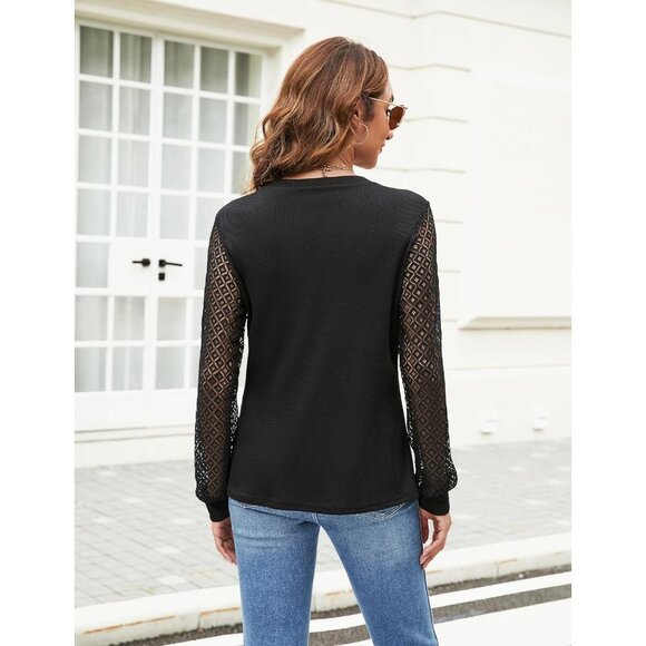 Women's Waffle Knit Tops Dressy Business Casual Blouses Lace Long Sleeve Black - Picture 5 of 8